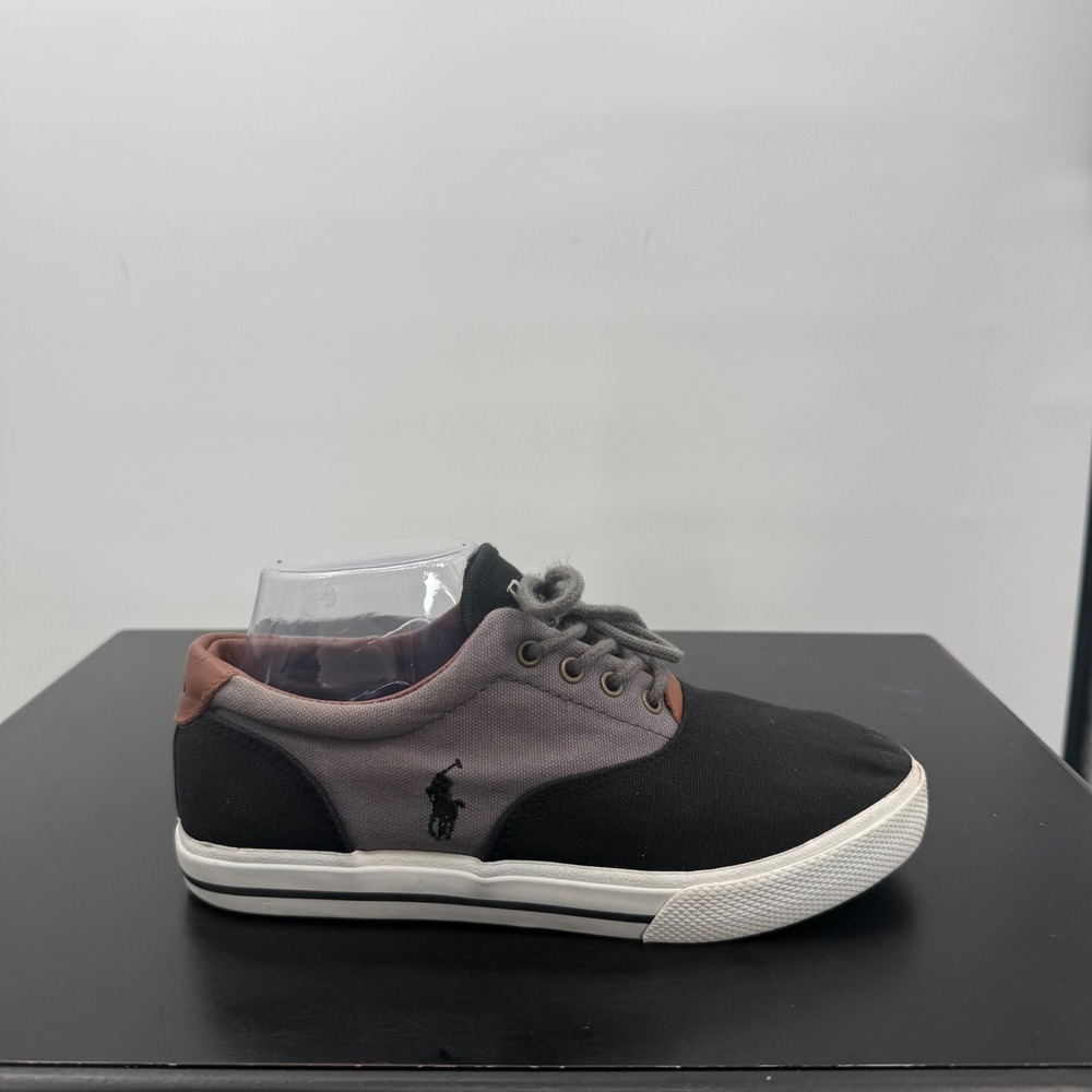 Polo Ralph Lauren Vaughn Sneakers Women 6 Black Grey Good Canvas Leather Trim